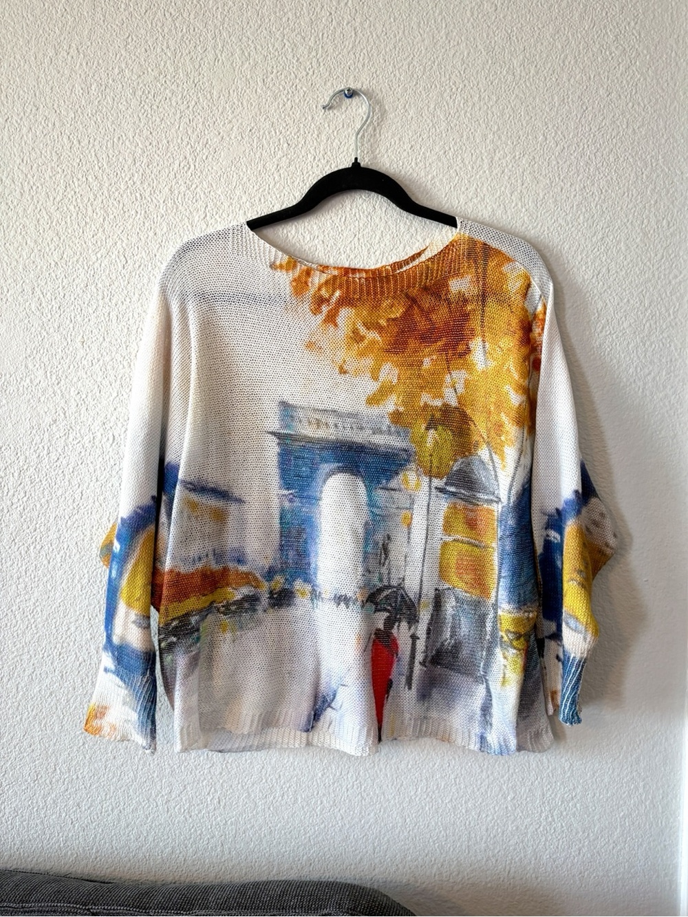 White Scenic Print Women’s Sweater with Parisian Street Scene
